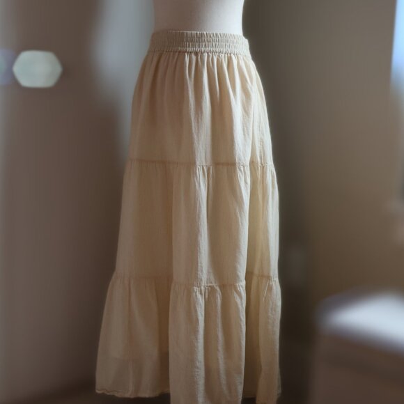 Able Harper Tiered Maxi Skirt Tan/White Pinstripe Womens L Boho Festival - Picture 2 of 7